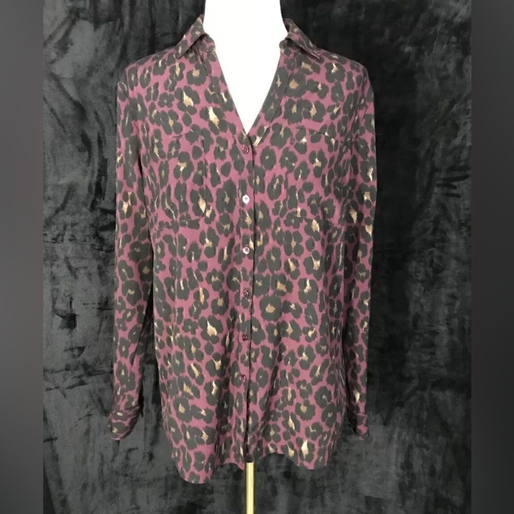 Talbots Womens Purple Cheetah Print Long Slv Rolltab Button Down Top - Petite L